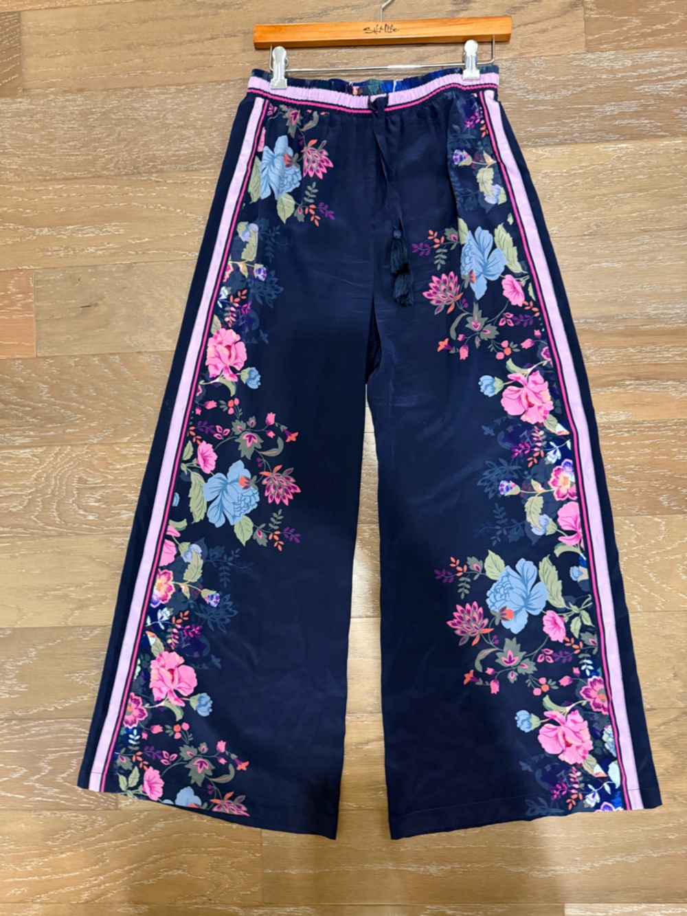 Johnny Was Silk Navy Wide Leg Floral Pants with Pink & Light Blue Accents